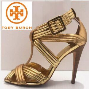 Tory Burch Gold Strappy Heels Sander Sandals Size 6.5